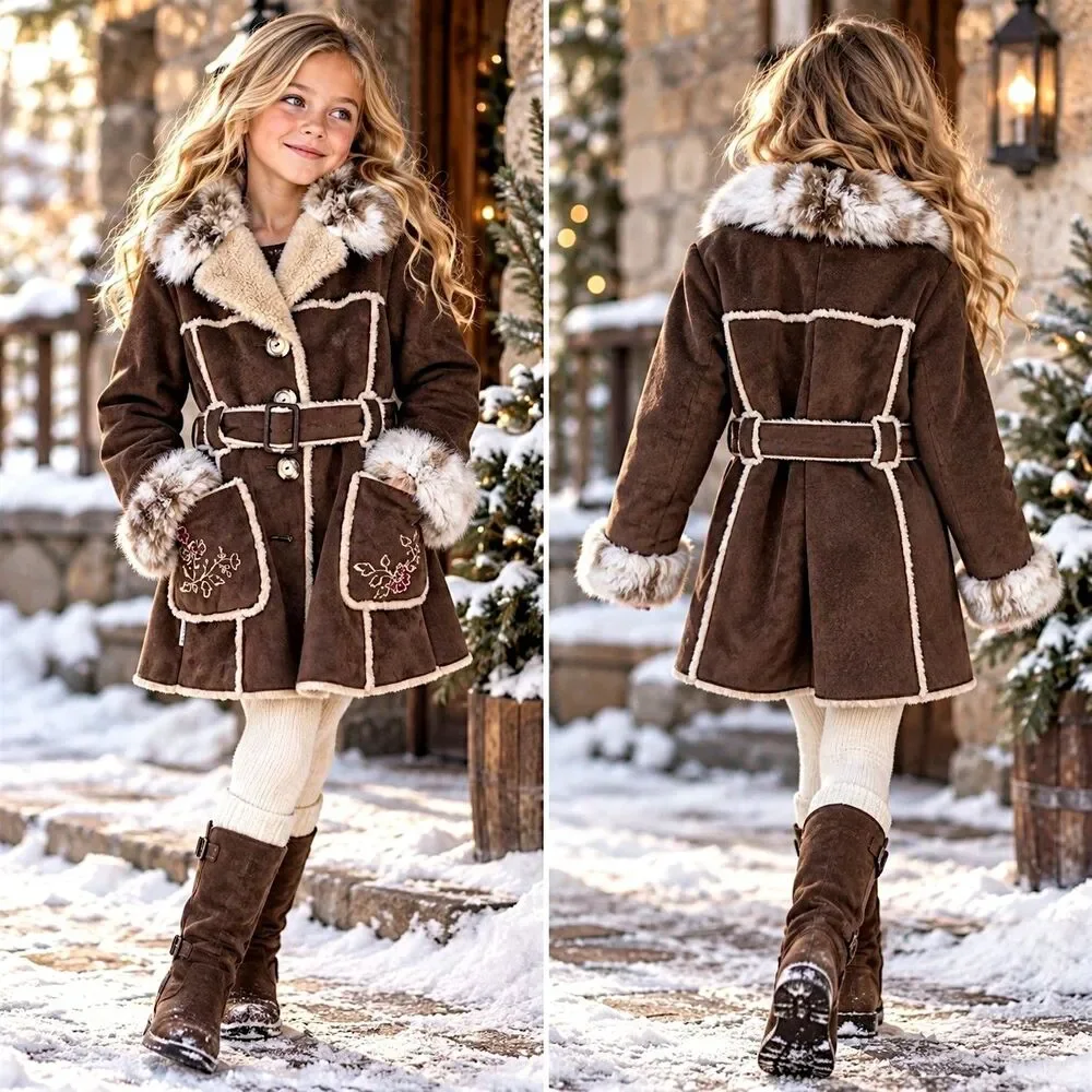 London Fog Girls 7 8 Penny Lane Faux Suede Coat Brown Fur Belted Embroidered